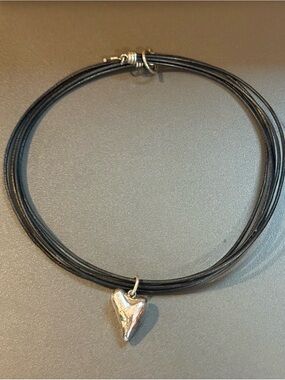 Handmade Sterling Silver Puffed Heart Necklace on Multi-Strand Black Cord